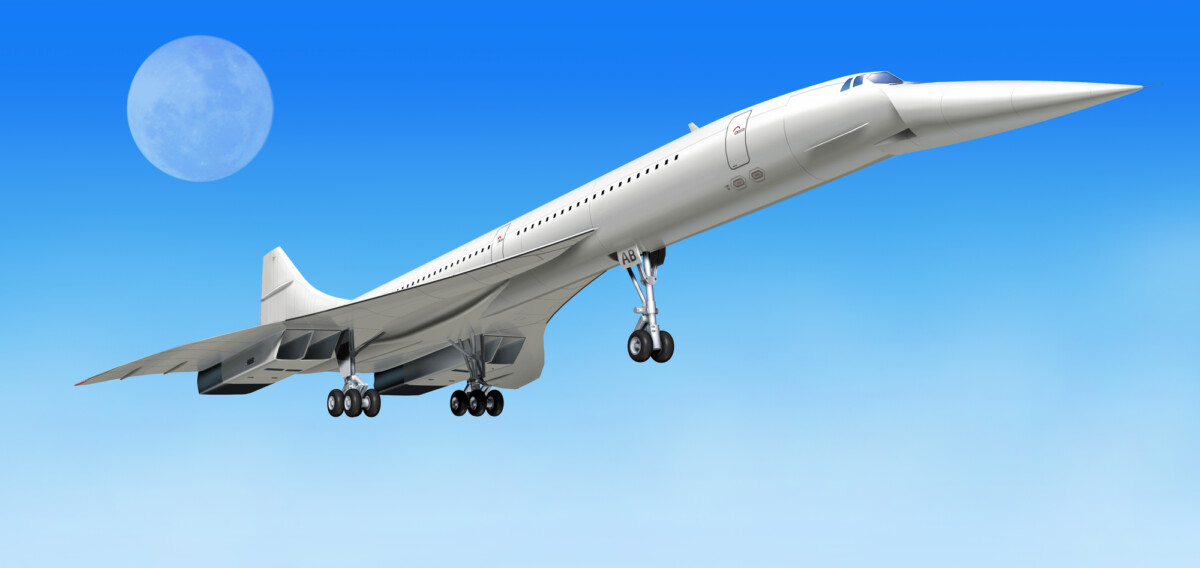 oncorde supersonic airliner aircraft, during take off, or landing. On clear blue sky and big moon as background.